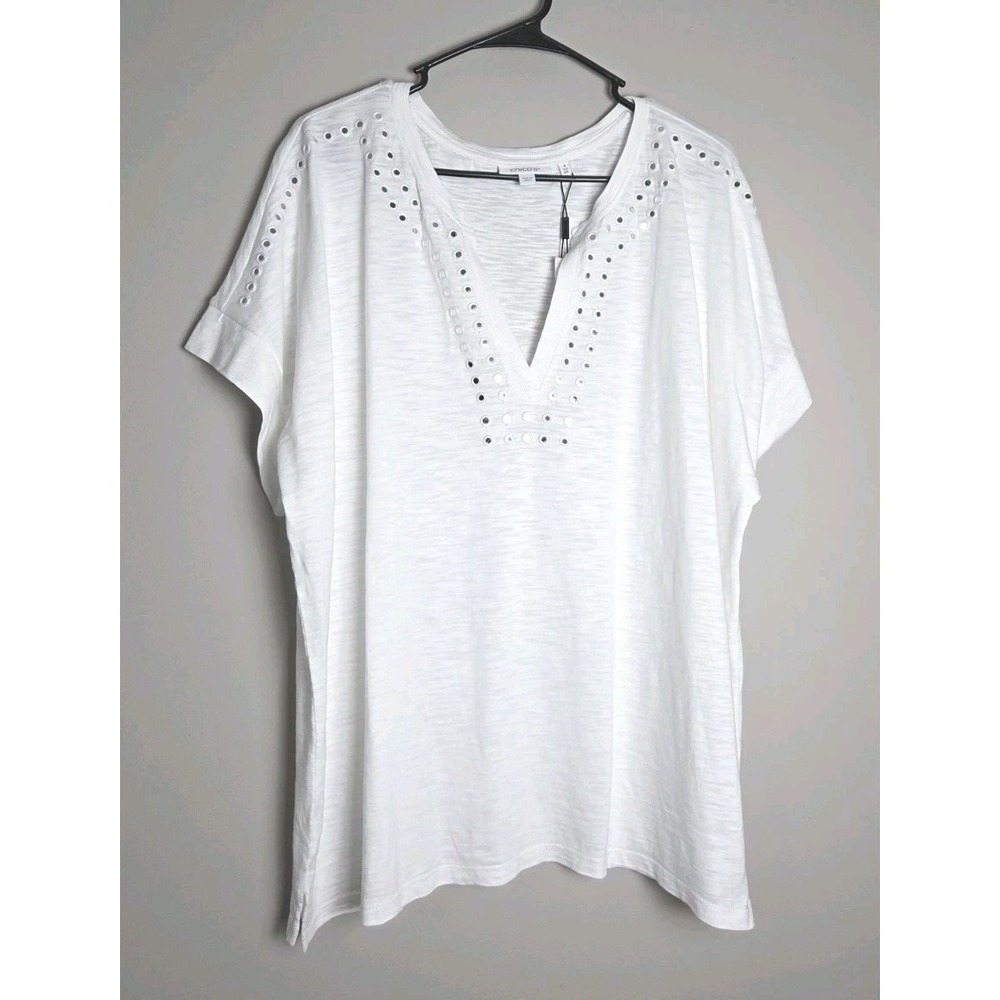 Chico's Paillette Trim Cotton Slub Tee Size 4 (XXL) White Short Sleeve Mirror
